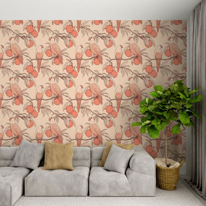 Tapeta ptáci a broskve | Elegantní vzor papoušků na jemném pozadí