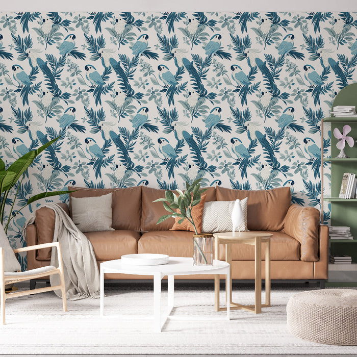 Fotótapé trópusi madarak | Papagáj minták és finom növényzet kék árnyalataiban