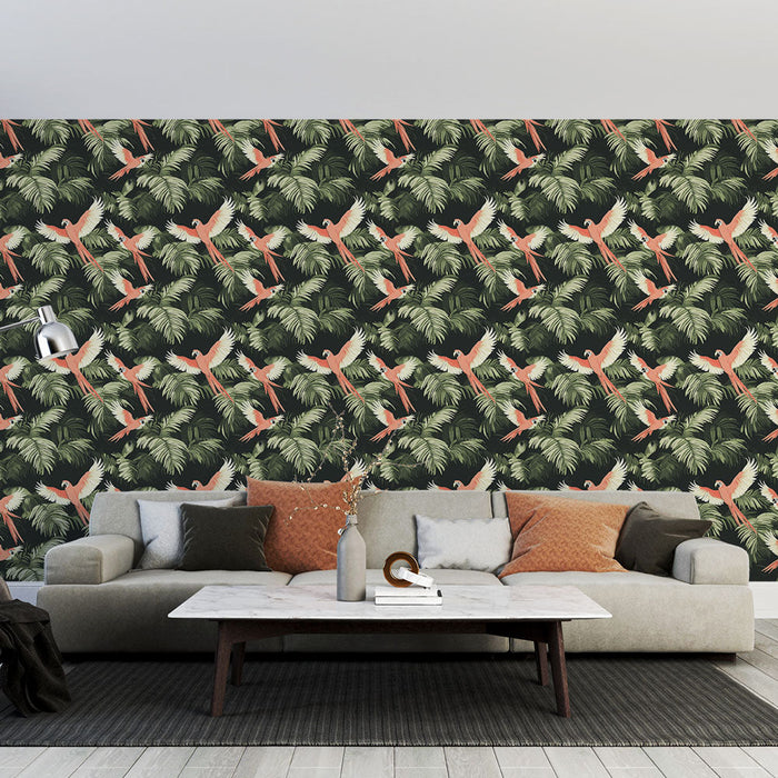 Carta da parati con uccelli esotici | Paradiso tropicale con aras e foliage lussureggiante