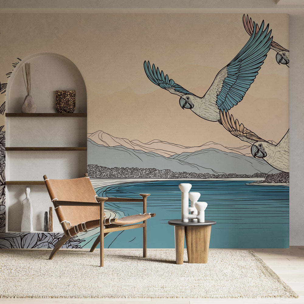 Foto Behang exotische vogels | Kleurrijke papegaaien vliegen over een —  WonderMural, image size:1000x1000