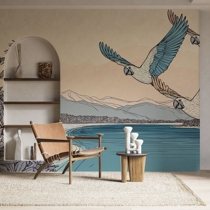 Tapete μουράλ εξωτικά πουλιά | Πολύχρωμοι παπαγάλοι πετώντας πάνω από το τροπικό τοπίο