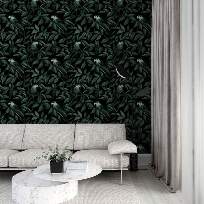 Carta da parati con uccelli esotici | Piante e uccelli stilizzati su sfondo scuro