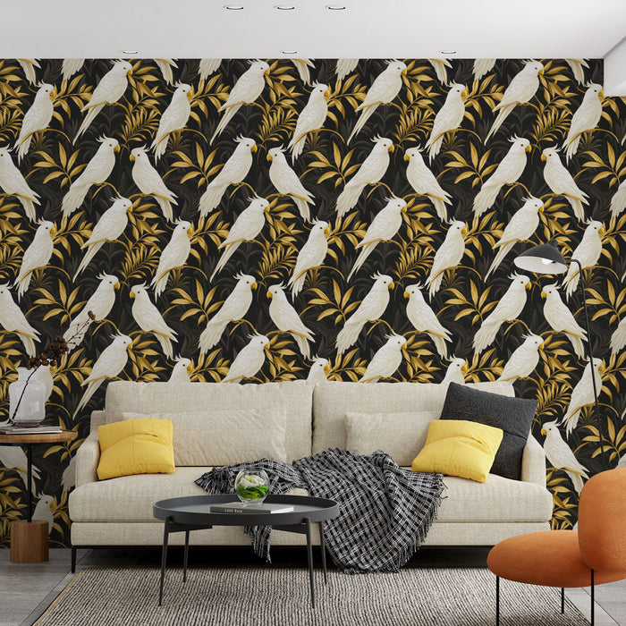 Mural Wallpaper exotic birds | A pattern of white parakeets on a black background