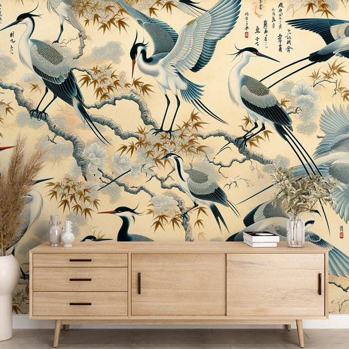 Papel pintado de aves japonesas | Grullas y texto japonés