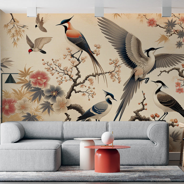 Papel pintado de aves japonesas | Grullas y flores