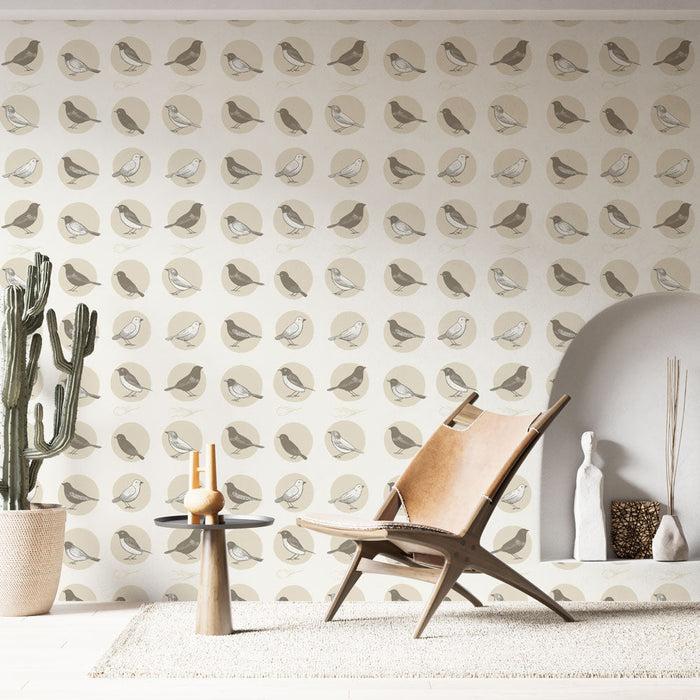 Papel de parede de pássaros | Padrão delicado de pássaros em círculos neutros