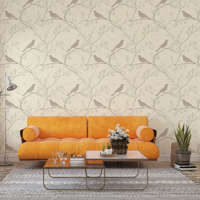 Papel de parede de pássaros | Motivo de pássaros pousados em galhos finos