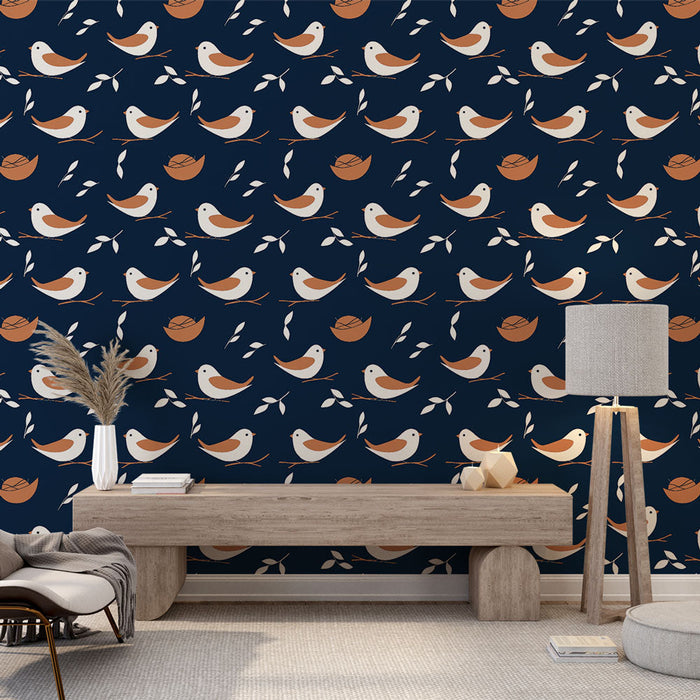 Tapete Vögel | Vogelmuster auf dunkelblauem Hintergrund