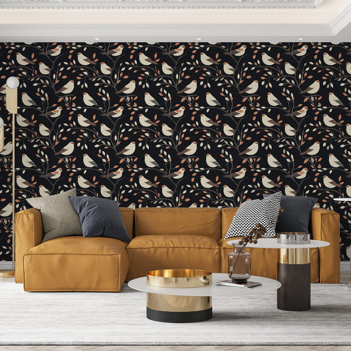 Papel de parede pássaros | Padrão de pássaros empoleirados em galhos com folhas coloridas