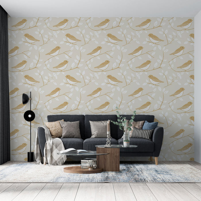 Papel de parede pássaros | Padrão de pequenos pássaros em um galho