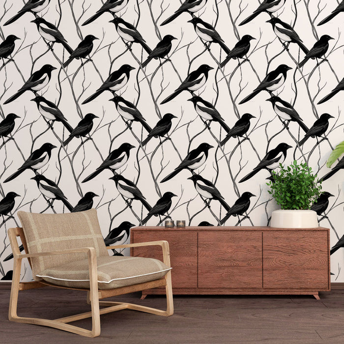 Mural Wallpaper birds | Silhouette bird pattern in black on white background