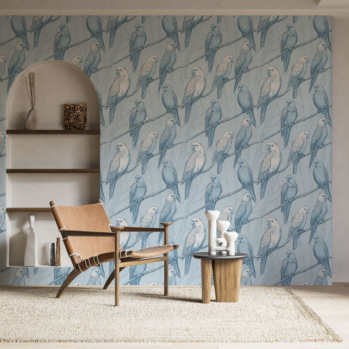 Carta da parati uccelli | Motivo delicato di pappagalli su sfondo blu