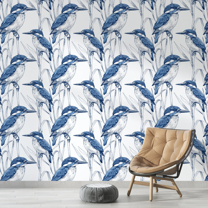 Fotótapé madarak | Elegáns jégmadár minta kék fehér háttéren