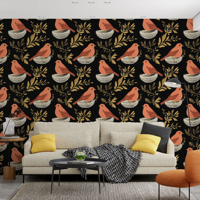 Fototapet fåglar | Grafiskt mönster av färgglada fåglar på svart bakgrund