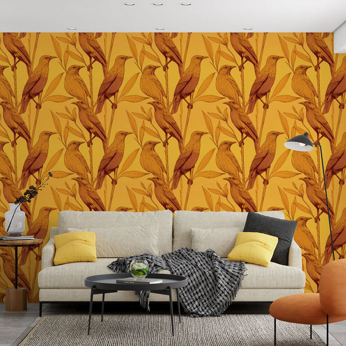 Carta da parati uccelli | Motivo grafico di uccelli su sfondo arancione