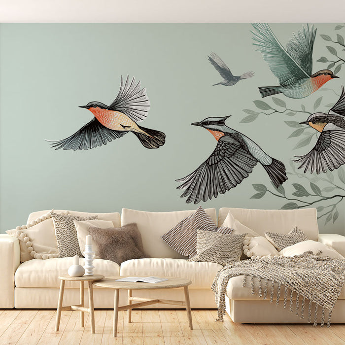 Fototapet kuşlar | Pastel arka plan üzerinde renkli kuşlar tam uçuşta