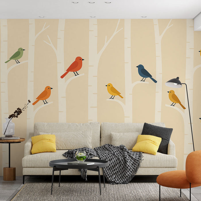 Papel de parede pássaros | Pássaros coloridos pousados em galhos brancos