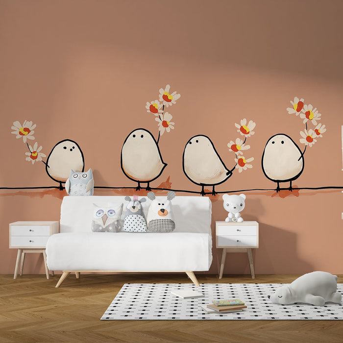 Carta da parati uccelli | Carini uccelli che tengono fiori su uno sfondo pastello