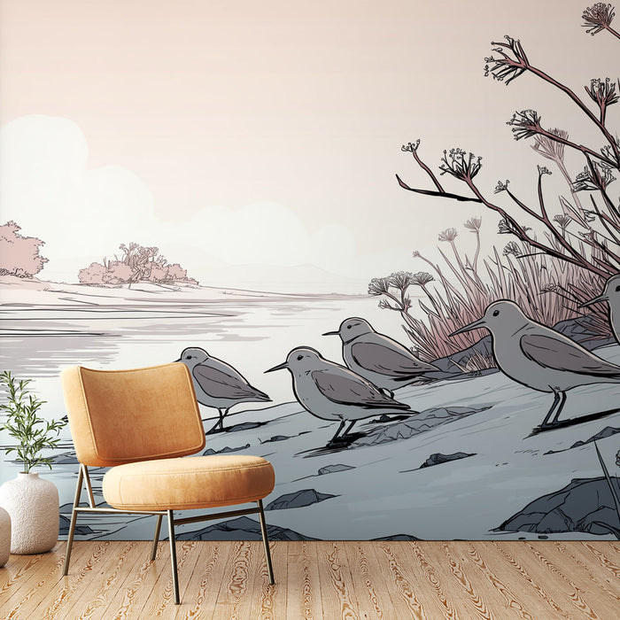 Tapeta z ptakami | Rośliny i ptaki wzdłuż spokojnego brzegu