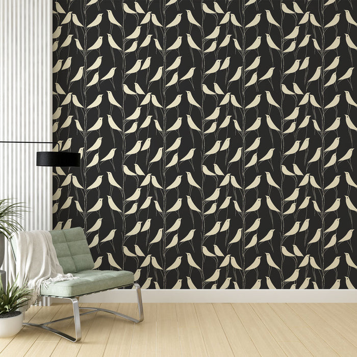 Fototapet stiliziranih ptic | Bel vzorec ptic na črnem ozadju