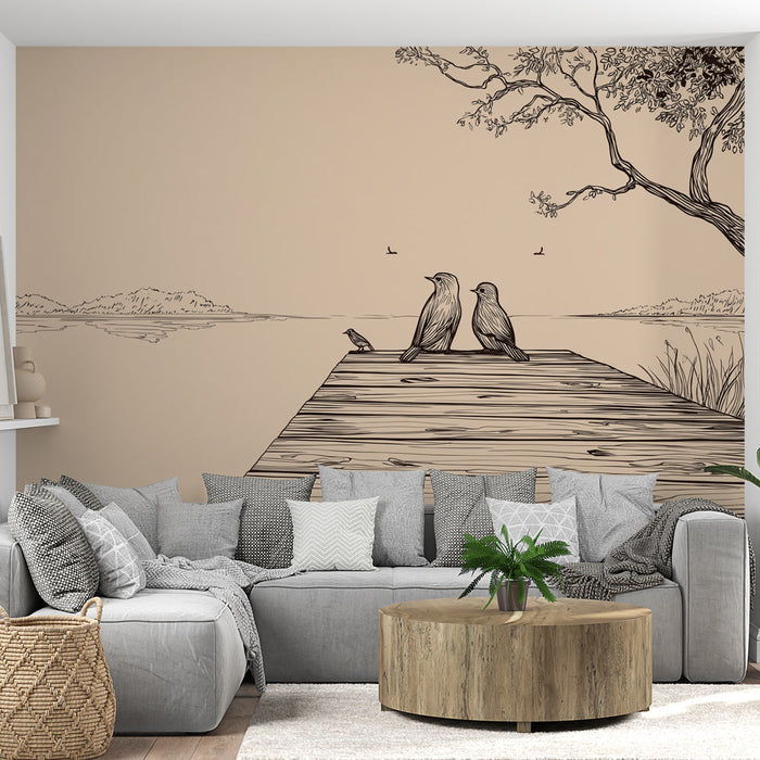 Fototapet kuşlar bir iskele üzerinde | Kuşların manzarayı izlediği sakin bir sahne