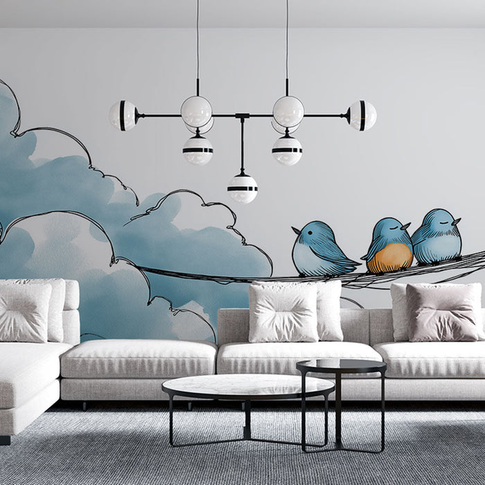 Mural Wallpaper birds on a branch | Three small colorful birds perched on a branch, surrounded by clouds