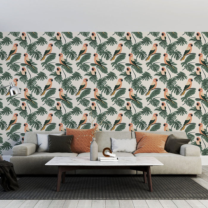 Fototapet tropskih ptic | Barviti vzorci ptic na ozadju bujnega listja