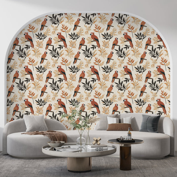 Papel de parede mural pássaros tropicais | Um padrão vibrante de papagaios e folhagens elegantes