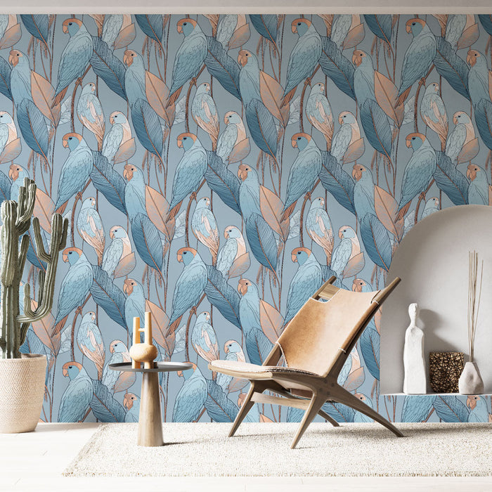 Carta da parati uccelli | Un motivo colorato di pappagalli e foglie eleganti