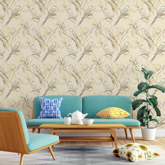 Ταπετσαρία με vintage πουλιά | Ένα λεπτό σχέδιο πουλιών που κάθονται σε κομψά κλαδιά