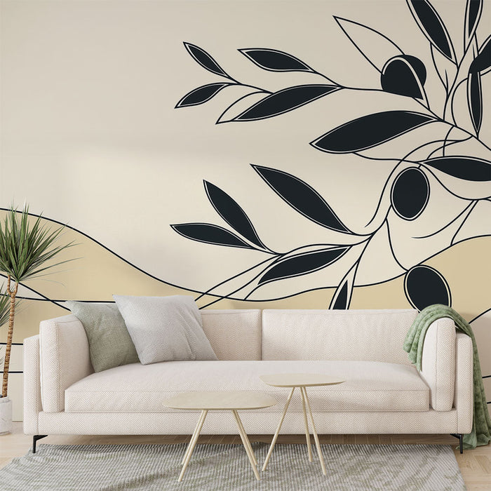 Tapet cu motive de măslin | Model minimalist de frunze și linii ondulate