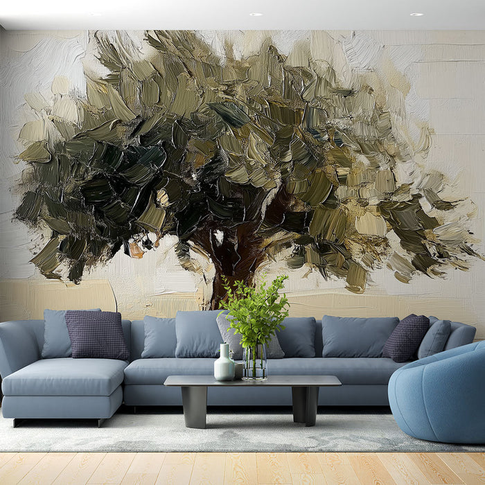 Maalritapett oliivipuu | Stiliseeritud puu looduslike värvide ja neutraalse taustaga