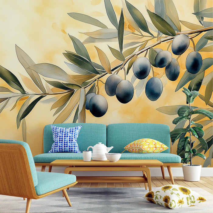 Carta da parati albero di ulivo | Ramo di ulivo con olive su uno sfondo morbido