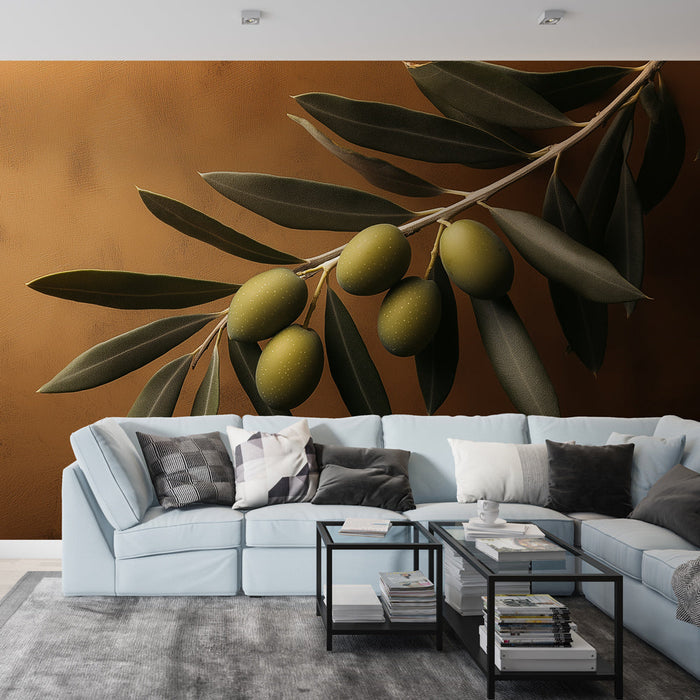 Tapetti oliivipuu | Tyylikäs oliivipuun oksa vihreillä oliiveilla