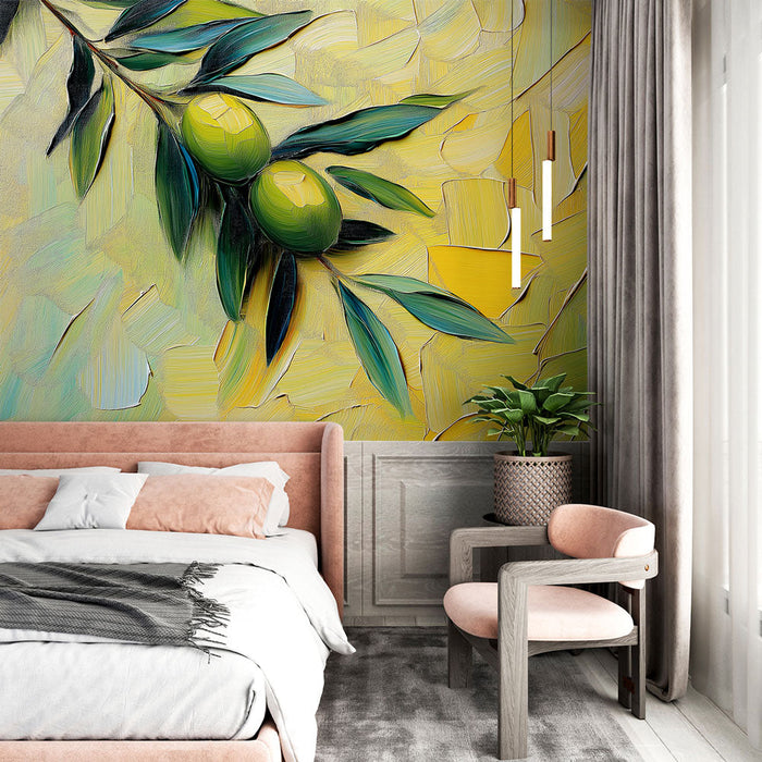 Fototapet oliven | Olivengrene i nuancer af grøn på en gul baggrund