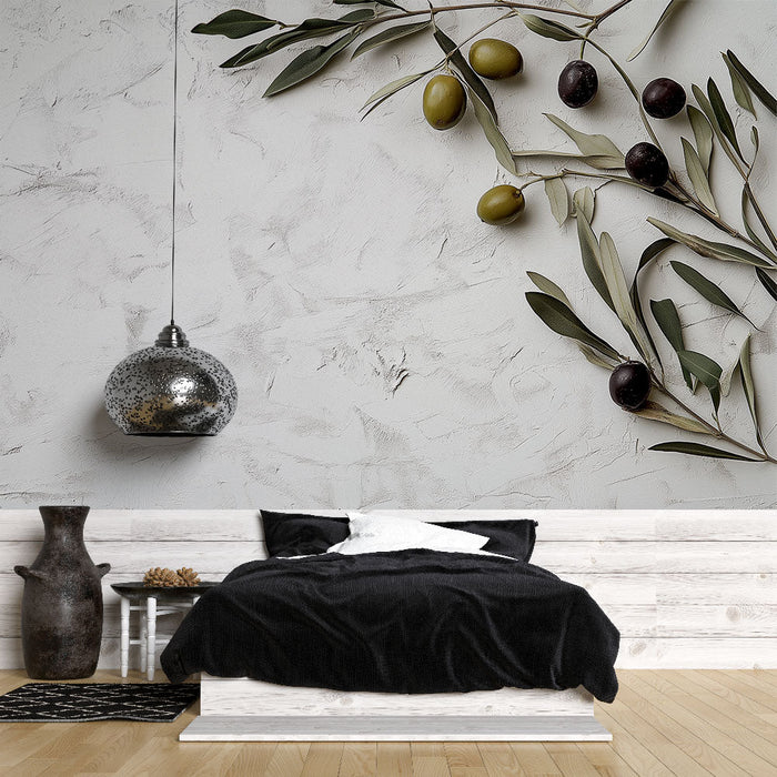 Foto Behang olive-tree | Gestileerde olijftakken met groene en zwarte olijven op een getextureerde achtergrond