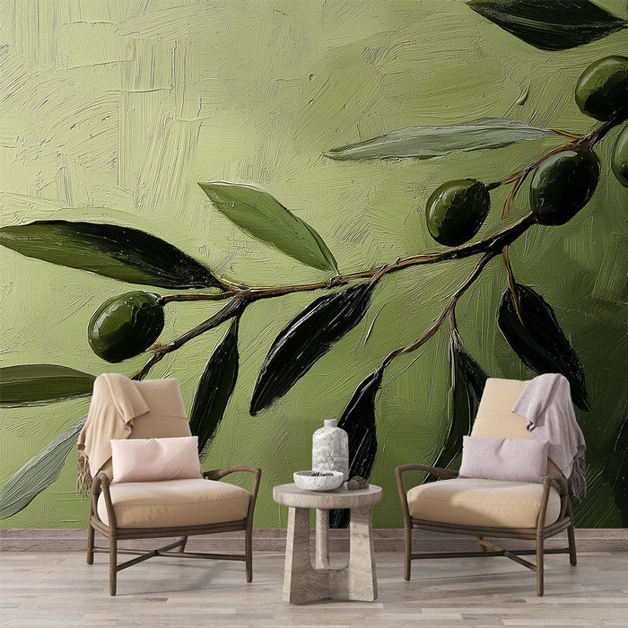 Oljčna tapeta | Oljčna vejica z listi na zeleni podlagi