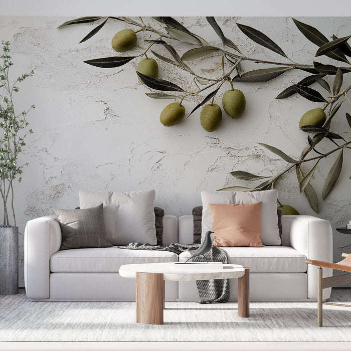 Falikép olajfa | Olajágak fehér texturált háttéren