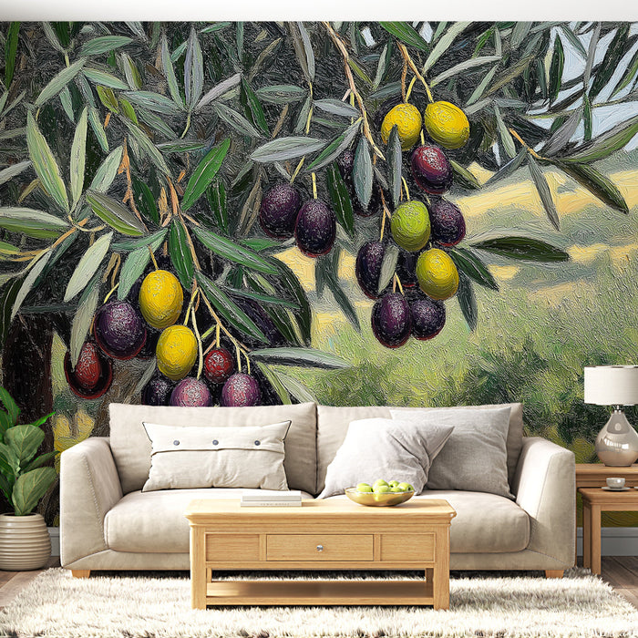 Fototapet oliventræ | Side af et oliventræ med forskellige oliven