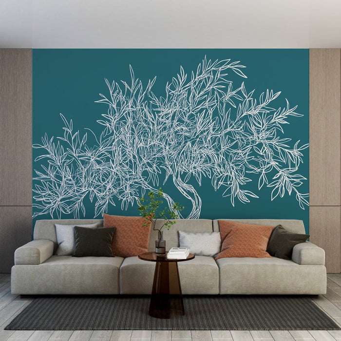 Papel pintado olive-tree | Dibujo minimalista de un olivo sobre un fondo turquesa