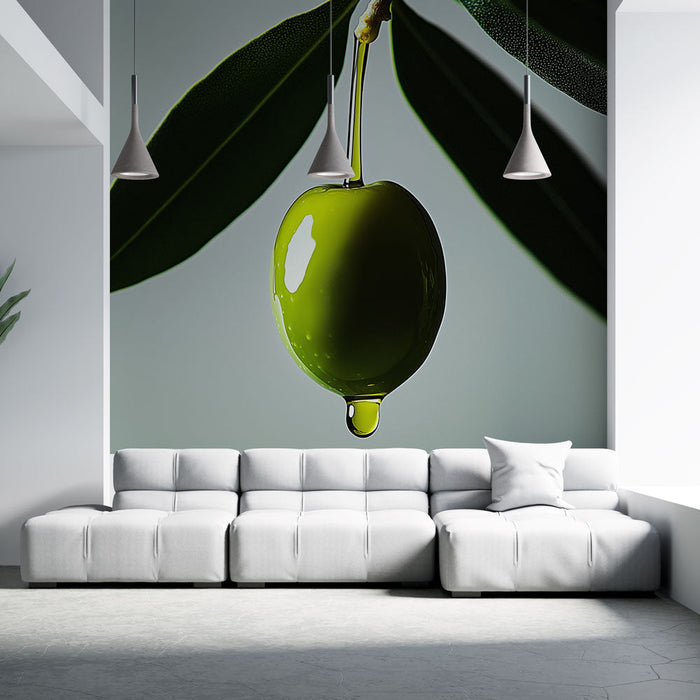 Fototapet oliventræ | Detalje af en frisk oliven, der hænger under et blad