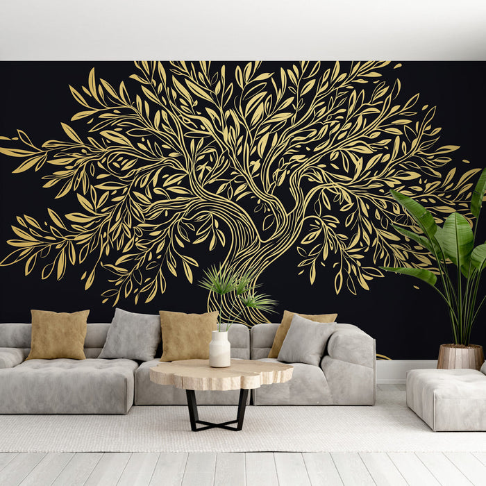 Tapete olive-tree | Elegante Illustration eines goldenen Baums auf schwarzem Hintergrund