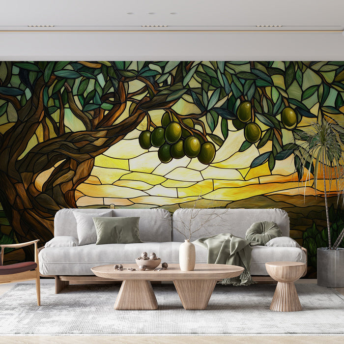 Papel pintado arbol-olivo | Elegante ilustración de un árbol de olivo con un paisaje en el fondo