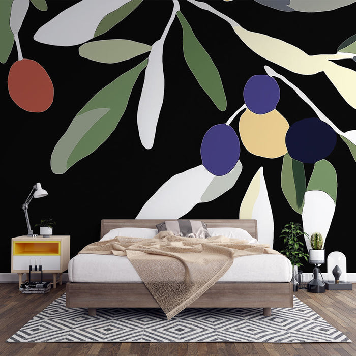 Olajfa tapéta | Stilizált levelek és olajbogyók fekete háttéren