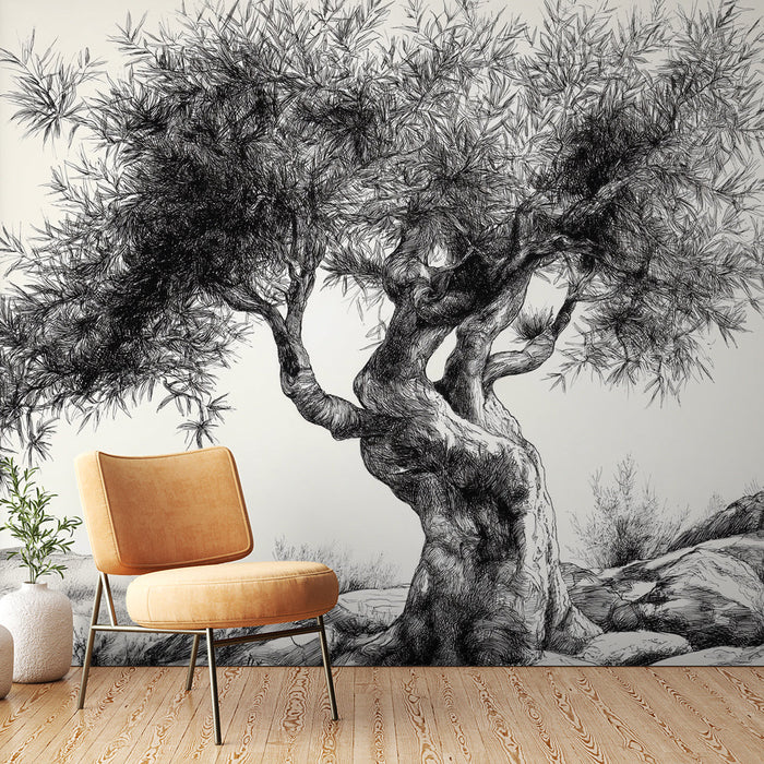 Falfestmény olajfa | Művészi illusztráció egy fenséges olajfáról világos háttéren