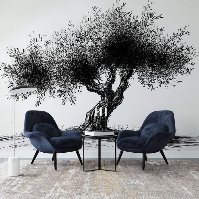 Mural Wallpaper olive tree | Illustration of a century-old tree in black and white