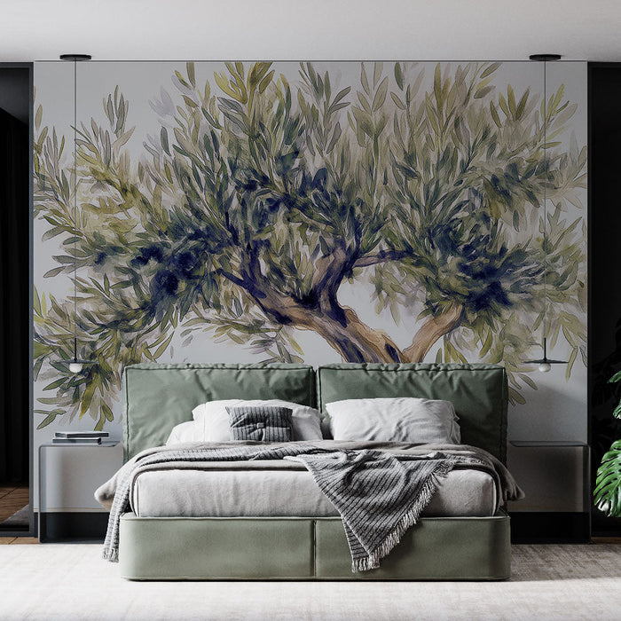 Fototapet-olivier | Gri bir suluboya zeytin ağacının çizimi