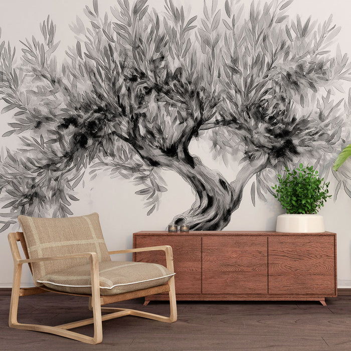 Mural Wallpaper olivier | Illustration in black and white of an olive tree