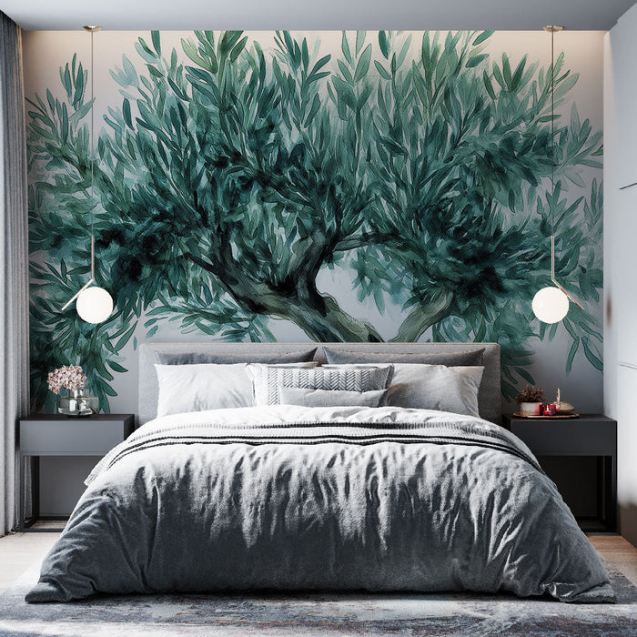 Fototapet-olivier | Yeşil bir suluboya zeytin ağacı tasviri