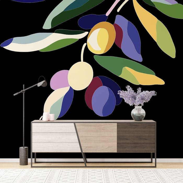 Fototapet oliventre | Kunstnerisk mønster af farverige blade og frugter